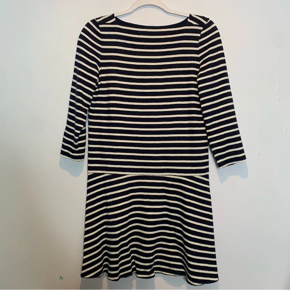 Tory Burch Navy & White Stripe Drop Waist Linen Shift Dress 3/4 Sleeves